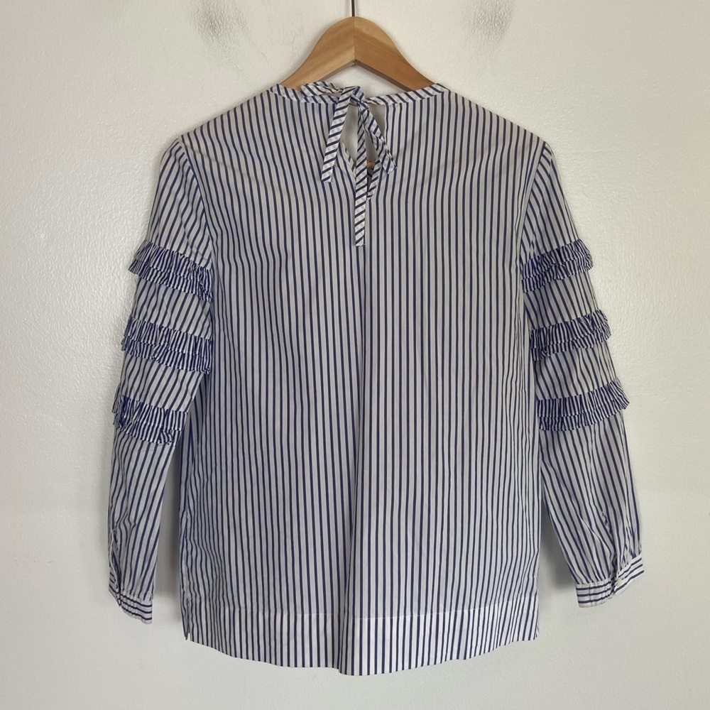 J. Crew Women's Boho Top Stripe Ruffle Size 0 Oversized White & Blue Long Sleeve - Picture 2 of 10